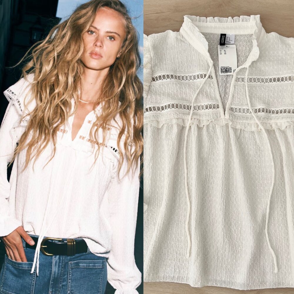 NWT H&M Textured Jersey Keyhole Cutout Ruffle Collar Blouse Cream White Size XL